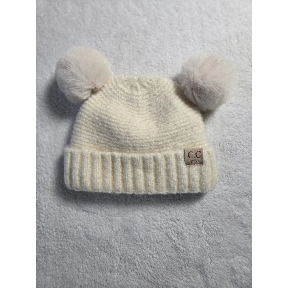 CC Kids Ivory Ribbed Knit Double Pom Beanie Hat Faux Fur Winter Warm RN